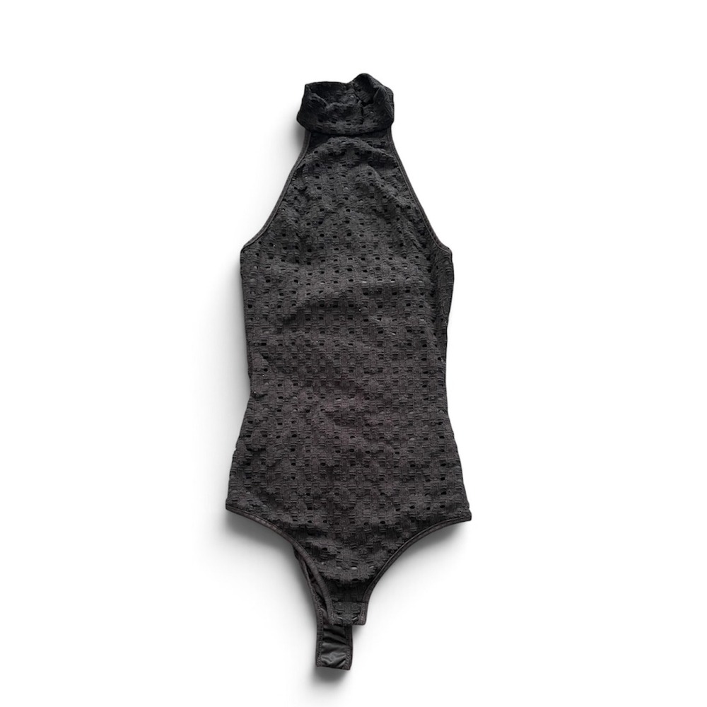 Blanc Black Eyelet Mock Neck Halter Bodysuit Sleeveless Open Knit Top